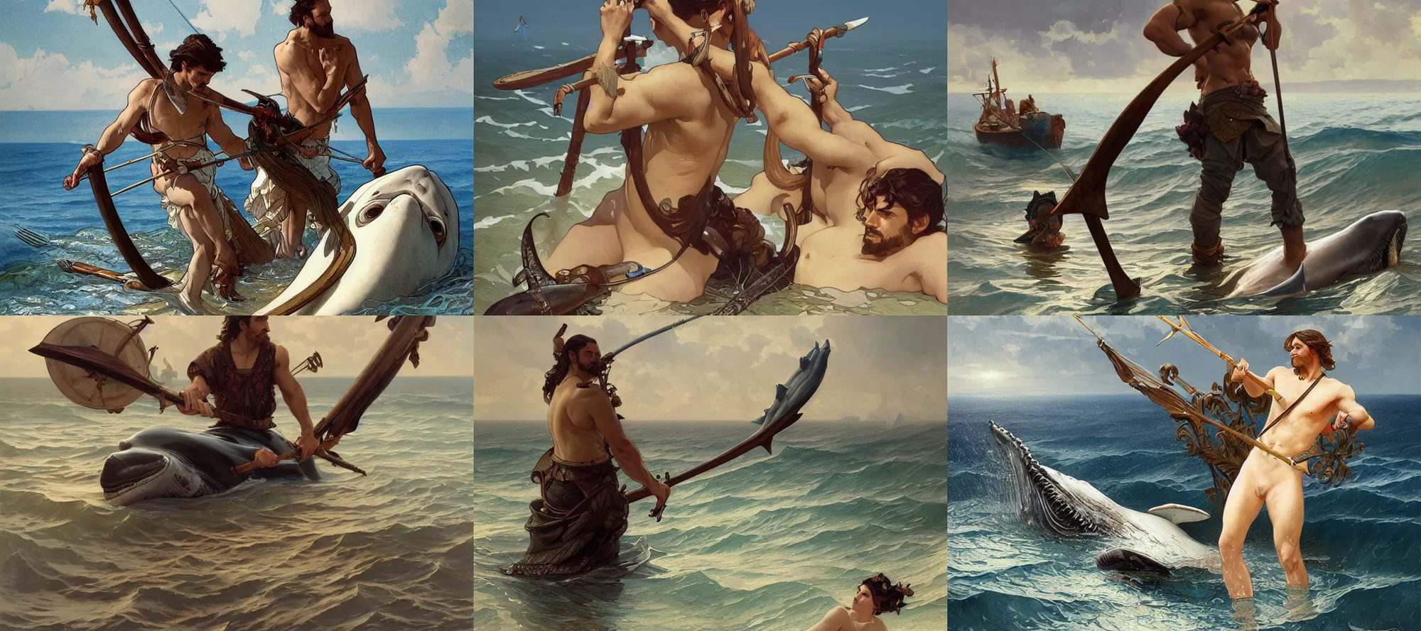 Prompt: man with harpoon and whale at sea, elegant, highly detailed, painting, smooth, art by artgerm and greg rutkowski and alphonse mucha