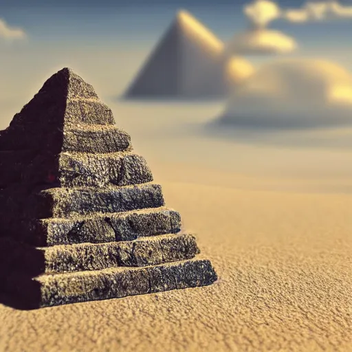 Prompt: a robot creating a stone pyramid with the tip of its finger, cinematic