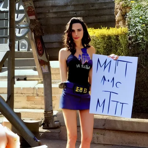 Image similar to Gal Gadot holding a sign that says M I T C H I as painted by Ralph Horsley