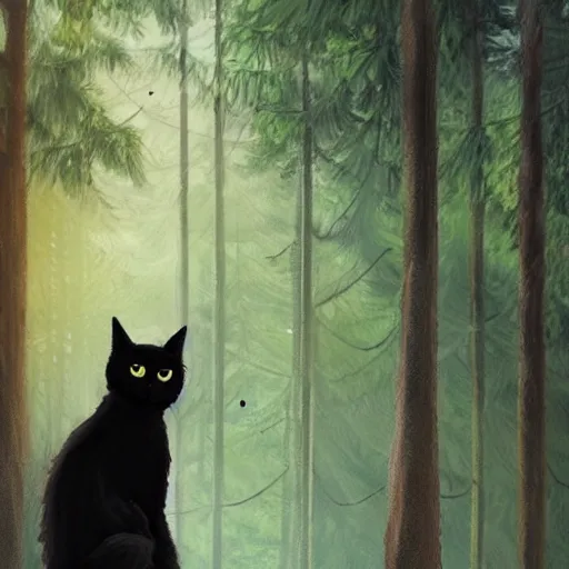 Image similar to a black cat looking curiously, there is a forest in the background, texture, intricate, details, highly detailed, masterpiece, architecture, building, trending on artstation, focus, sharp focus, concept art, digital painting, fantasy, sunny, day, midday