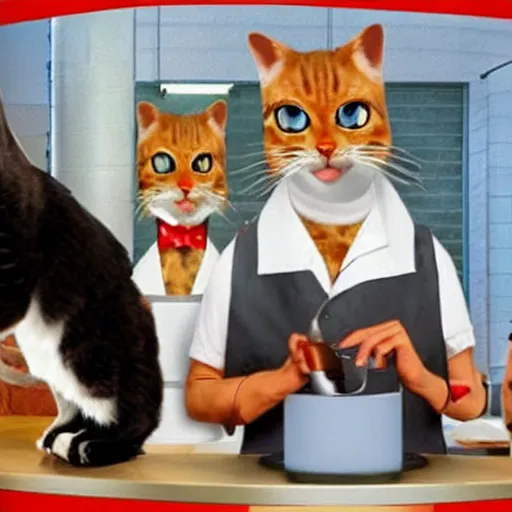 Image similar to anthropomorphic cats competing in masterchef