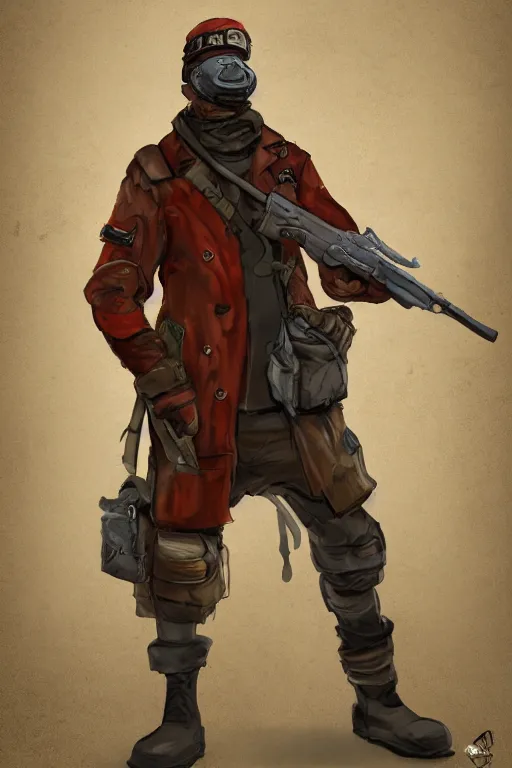 Prompt: post-apocalyptic soldier, brown coat with red patches, character concept art, digital art