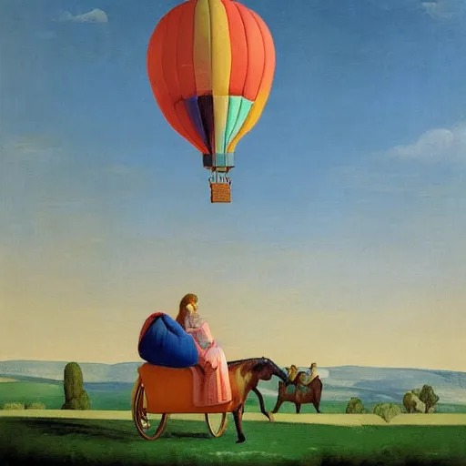 Image similar to a girl and her horse enjoy a hot-air balloon show by Raphael, Hopper, and Rene Magritte. detailed, romantic, enchanting, trending on artstation.