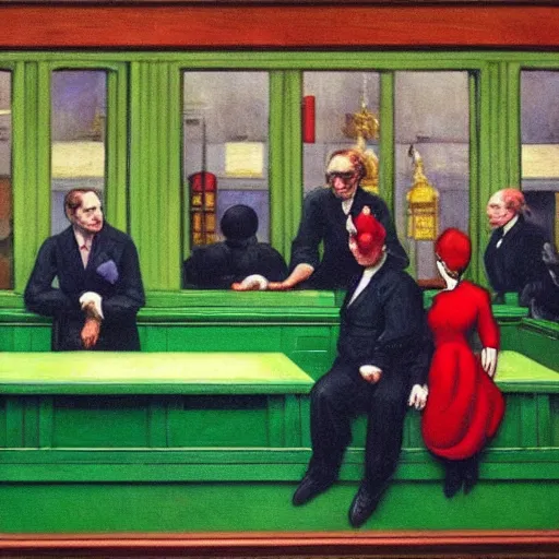 Prompt: a highly detailed fine art painting of multiple british members of parliament in the house of commons wearing clown costumes and smoking. in the style of edward hopper, richard hamilton. concept art. whimsical. green leather benches.