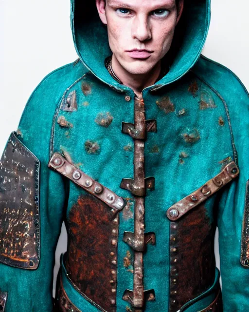 Prompt: an award - winning photo of a male model wearing a baggy teal distressed medieval menswear moto jacket inspired by medieval armour designed by alexander mcqueen, 4 k, studio lighting, wide angle lens