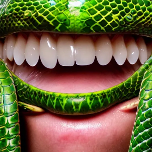 Image similar to long green reptile with snake head and snake eyes and fangs and with scales and snake tail