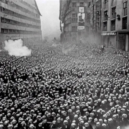 Image similar to Historical footage of a riot caused by Minions, Nuremberg 1930s, grainy, detailed