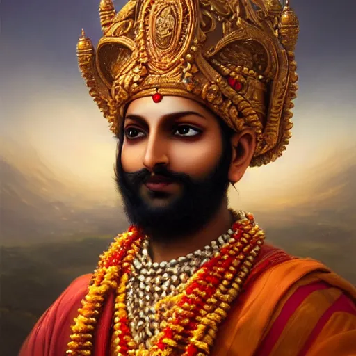 Image similar to a beautiful fine art painting of a portrait of shivaji maharaj by tom bagshaw, greg rutkowski and artgerm, perfection!, milk bath photography, studio lighting, 35mm lens, very detailed, deep depth of field, side profile, artstation, 8K, highly coherent