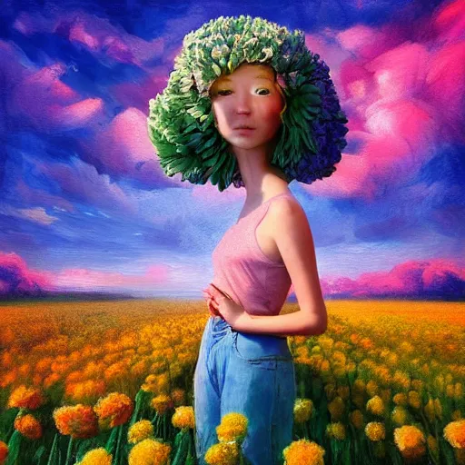 Image similar to giant carnation flower head and face, girl in a flower field, surreal photography, sunrise dramatic light, impressionist painting, colorful clouds, digital painting, artstation, simon stalenhag, flower face