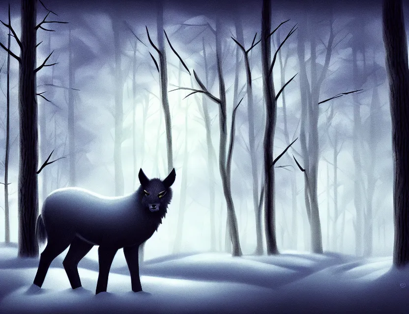 Prompt: magical animal spirit in the winter woods. limited palette, western 2 d animation from the 2 0 1 0 s, backlighting, bold composition, depth of field.