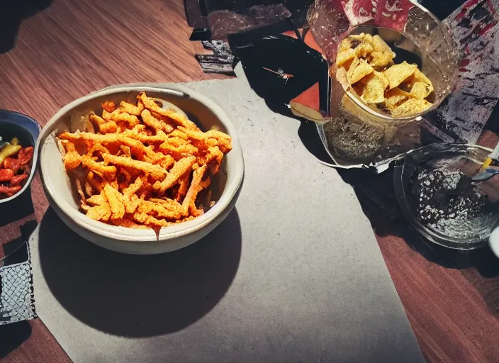 Prompt: top angled view of a bowl filled with bizarre greasy food by a laptop, poor lighting, photorealistic, dark, junk on desk, amateur photo, slightly out of focus