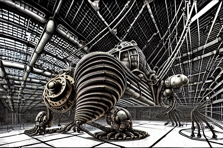 Image similar to dieselpunk huge robotic dragonfly, inside an gigantic underground concrete doom hangar, interior structure, drains, storm drains, jungle, vines, algea, cables, panels, walls, ceiling, floor, doors, brutalist architecture, intricate ink drawing, highly detailed in the style of Ashley Wood, moebius and Tsutomu Nihei, photorealistic, cinematic, intricate detail, well lit,