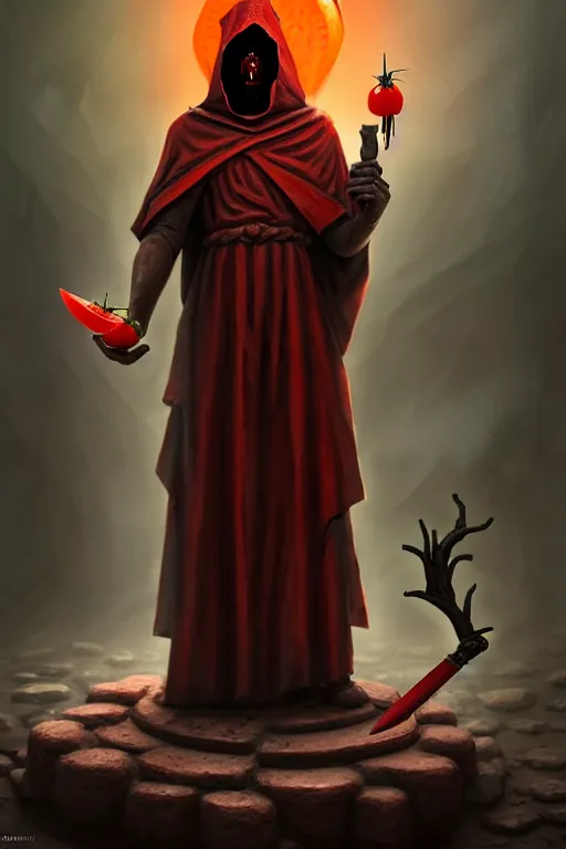 Image similar to an ancient statue of a hooded cultist is holding a bloody knife in one hand and a tomato on the other, standing in a forgotten temple to an eldritch god, by patrick mcenvoy and michael komarck and fantasy flight, incredible quality, trending on artstation