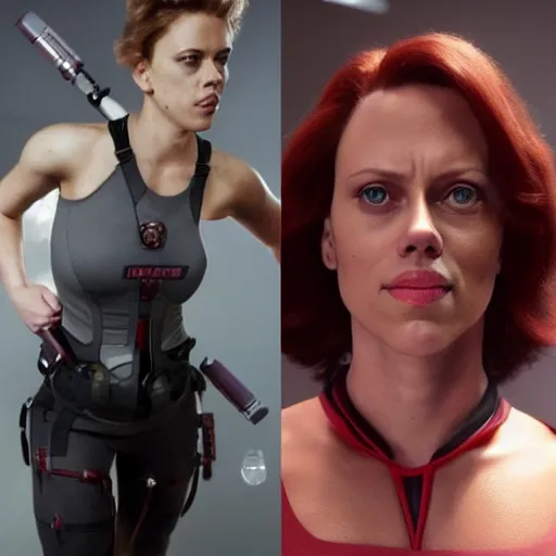 Image similar to a woman who is a genetic combination of scarlett johansson and sigourney weaver, face and upper body focus