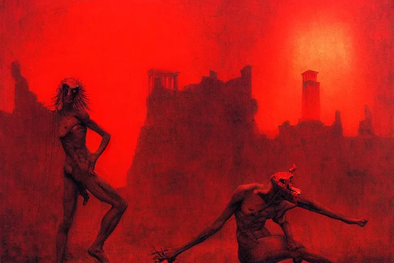 Image similar to only with red, a red tiger, rome in the background, medieval demons dance, an ancient path, in the style of beksinski, part by hopper, part by rodcenko, part by hofbauer, intricate composition, red by caravaggio, insanely quality, highly detailed, masterpiece, red light, artstation