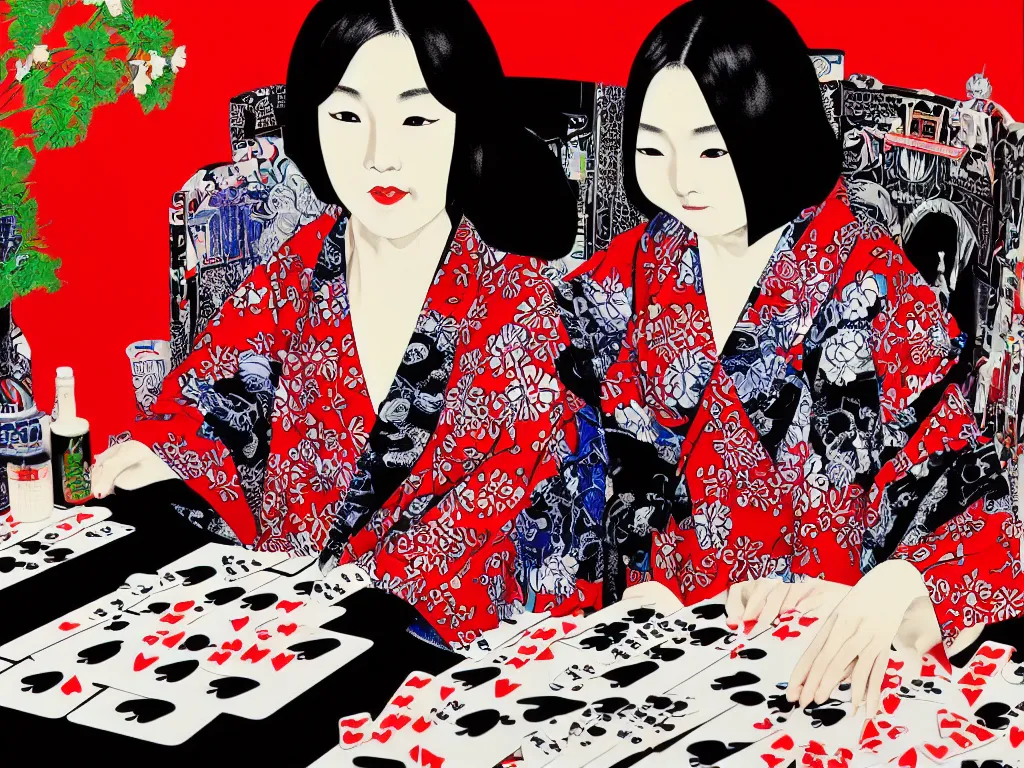 Image similar to hyperrealism composition of the detailed woman in a japanese kimono sitting at an extremely detailed poker table with darth vader, shiba inu, fireworks on the background, pop - art style, jacky tsai style, andy warhol style, acrylic on canvas