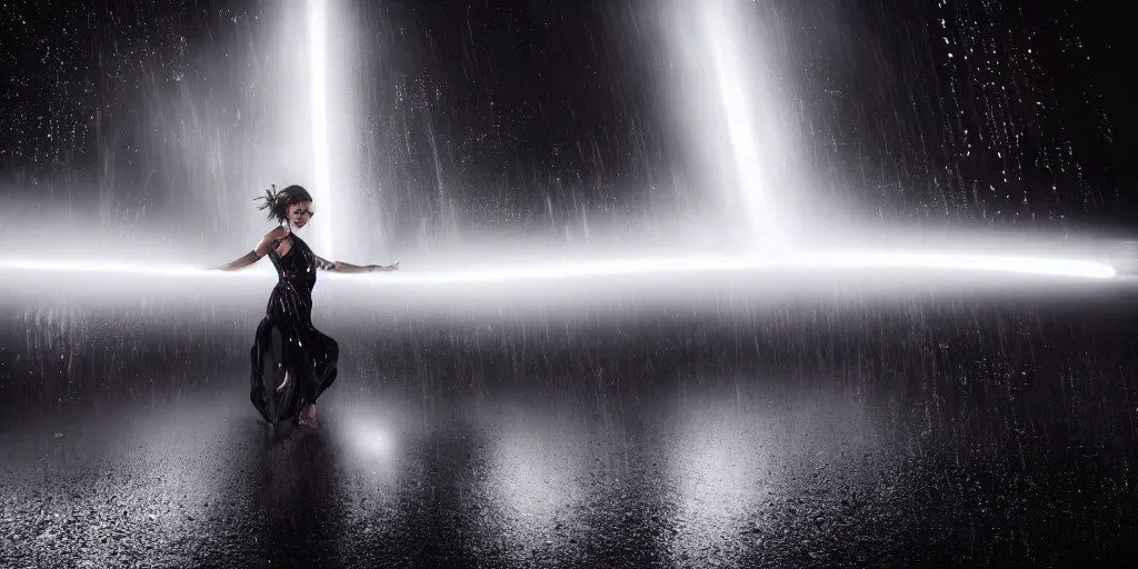 Image similar to slow motion with trail effect of futuristic break dancer wearing floating long dress, long exposure shot , at night in the middle of a rainy street, paddle of water, steam, fog, water splashes, rim lights, glossy reflections, water droplets on lens, octane render, dark and dramatic, explosion in the background, detailed and soft, fisheye