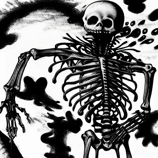 Image similar to black and white trippy comic art of a skeleton as death the grim reaper, lots of particles, drawn by Martin Rowson, salvador dali, Tim Burton, Studio Ghibli, Alex Pardee, Nekro Petros Afshar, James McDermott, cgsociety 4K