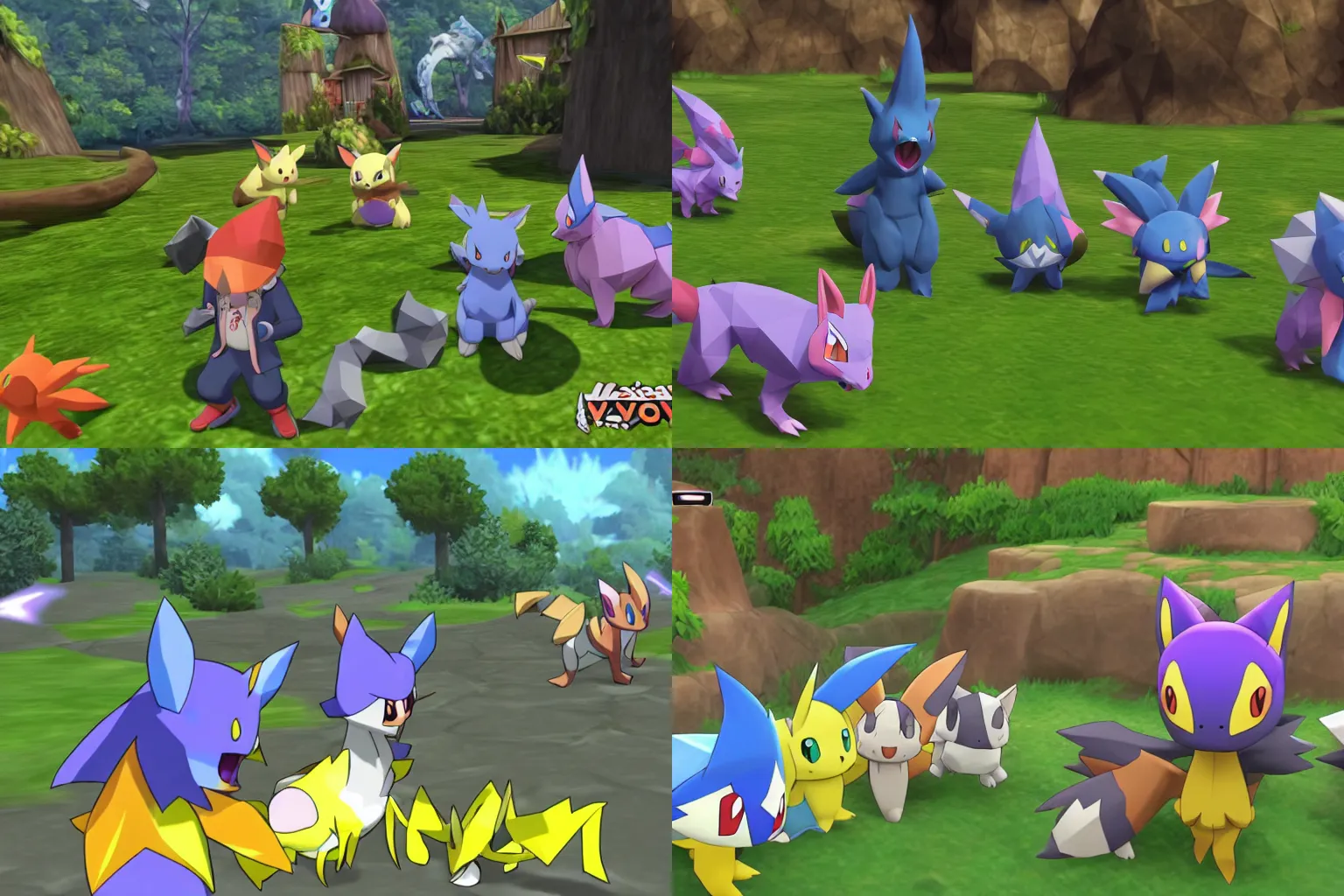 Prompt: video game pokemon : espeons reprisal star valley resident evil vaporeons mystery dungeon ( 6 4 ) sony playstation fps resolution screenshot resident eevee camping fighting old god espeon wearing maid hat pokemon final low poly