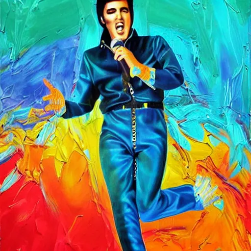 Prompt: elvis presley performing in a jumpsuit, art by alessandro pautasso, rinabow, abstract geometric shading, fractal, paint splash, full body, beautiful