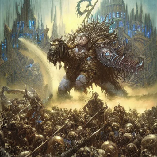 Prompt: art by donato giancola and bayard wu and gustav moreau and wayne barlowe, a fantasy cinematic shot of a dwarf berserker, fighting, warhammer, dnd, fighting monsters,