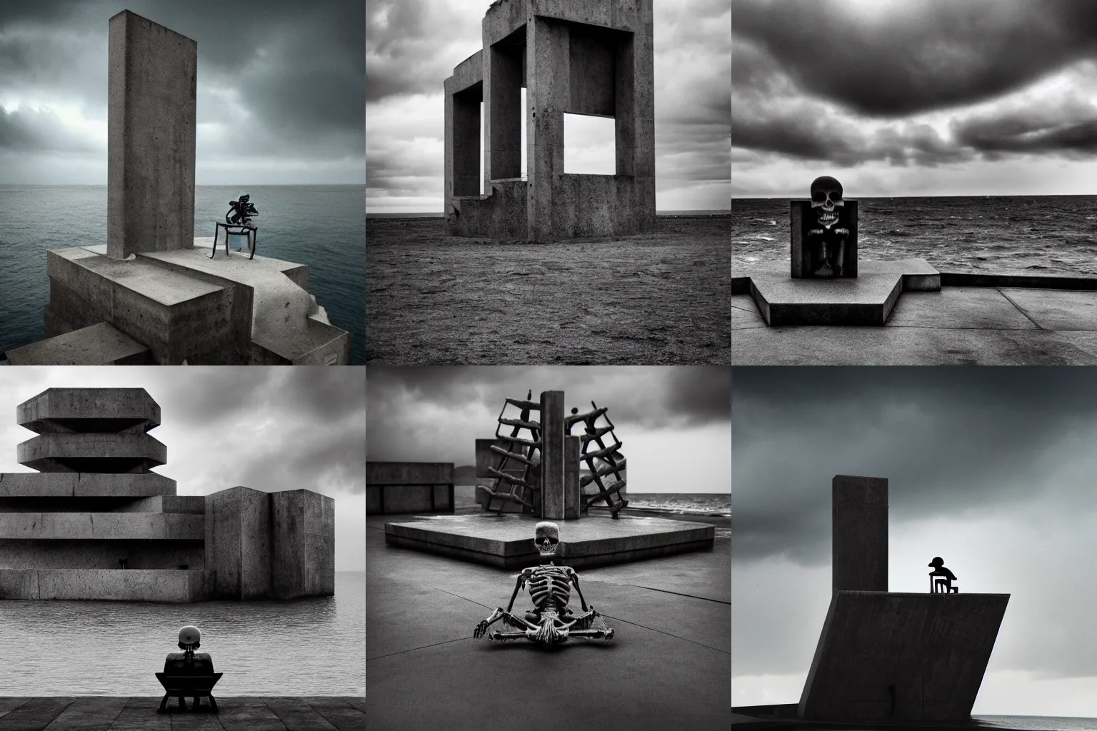 Prompt: a skeleton sitting on a beautiful, photo-realistic, surreal, and mysterious brutalist monument at the ocean under the stormy sky. trending on artstation