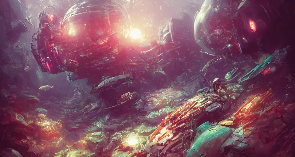 Image similar to cyberpunk sealife fighting underwater, deep sea, organic, mariana trench, midnight zone, bubbles, hyper realistic, hyper detailed, digital art, trending in artstation, studio quality, photorealistic, photo, by jesper ejsing, wlop, paul lehr