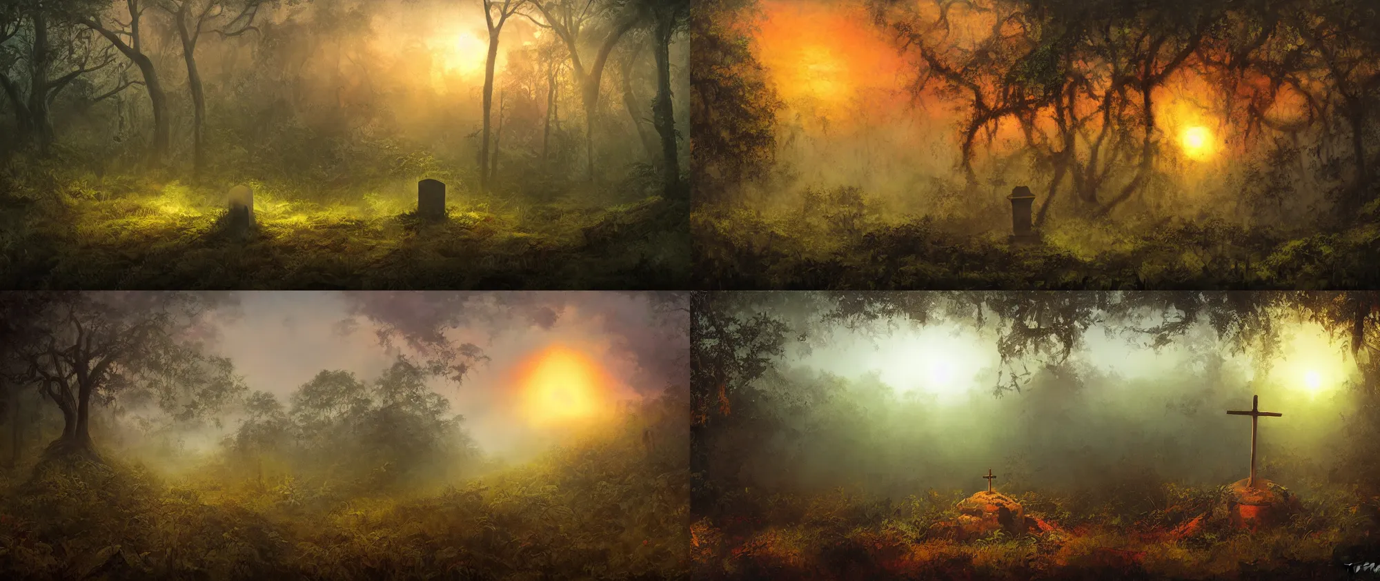 Prompt: single grave in moody foggy jungle with backlight , sunset oil painting dramatic panorama by frazetta