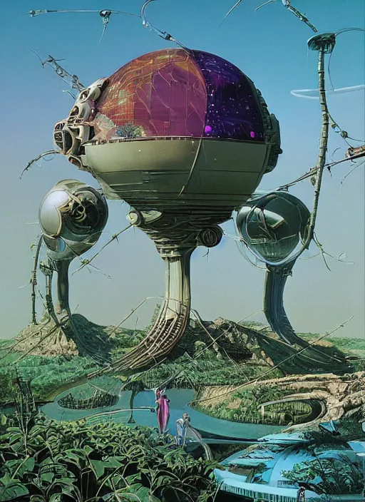 Prompt: photorealistic image of a retro futurism, solarpunk, biopunk, naturecore, by roger dean, by dean ellis