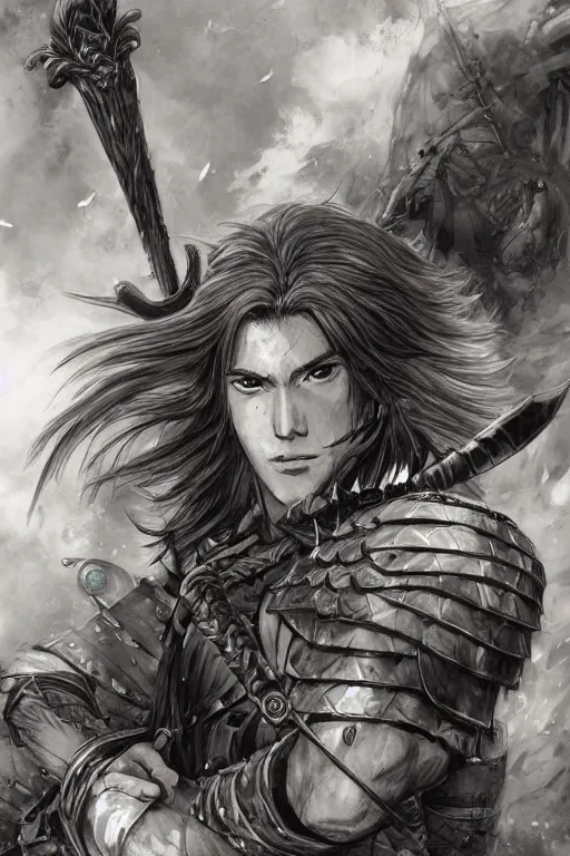 Prompt: A realistic anime portrait of a young handsome male barbarian with long wild hair, intricate fantasy spear, plated armor, D&D, dungeons and dragons, tabletop role playing game, rpg, jrpg, digital painting, by Yoshitaka Amano and Ayami Kojima and Akihiko Yoshida and Yusuke Murata, digtial painting, trending on ArtStation, SFW version