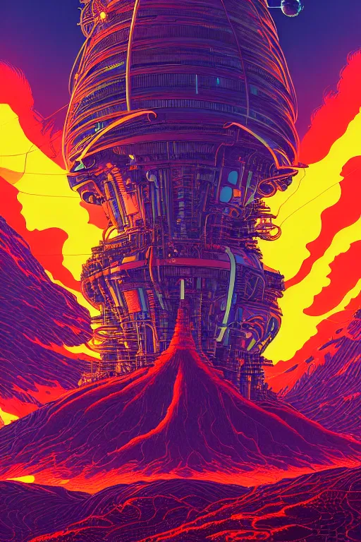 Image similar to artwork by kilian eng and ( dan mumford ) and toshi yoshida and franklin booth showing a futuristic powerstation!! in front of a ( ( exploding volcano ) ), vintage scifi, high details, dramatic lightning,, 8 k