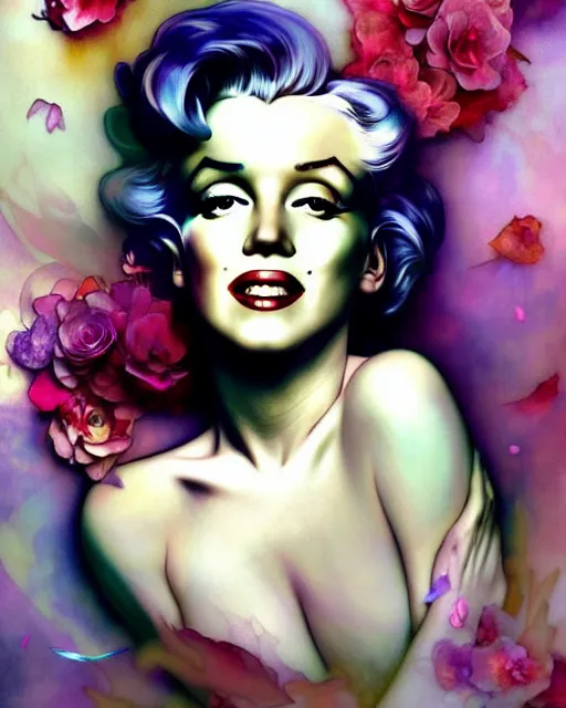 Image similar to Marilyn Monroe, flowers, calm, 4k digital masterpiece by Anna Dittman and Alberto Seveso Ruan Jia, rossdraws, artgerm and greg rutkowski and alphonse mucha and loish and WLOP, fantasycore, Hyperdetailed, fractals, scribble art, realistic digital painting, atmospheric, fireflies, soft lighting, featured on Artstation