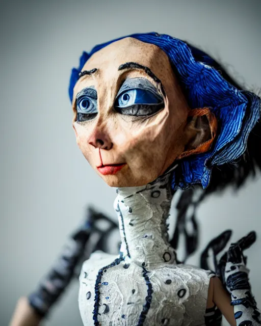 Image similar to a creepy paper mache doll of a coraline, realistic, very detailed, complex, intricate, studio lighting, bokeh, sigma 5 0 mm f 1. 4