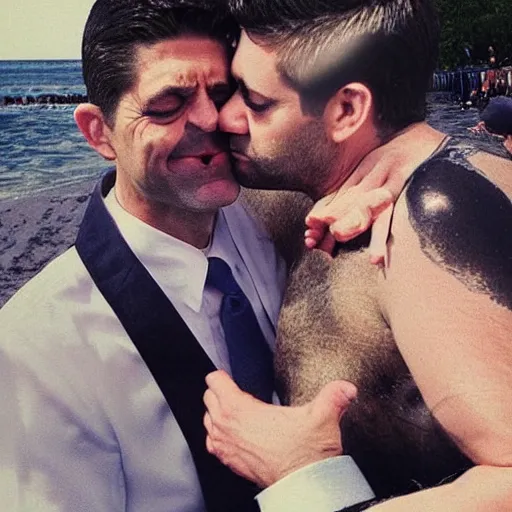 Prompt: “Paul Ryan kissing Lucifer at a beach in Hell, while singing opera”