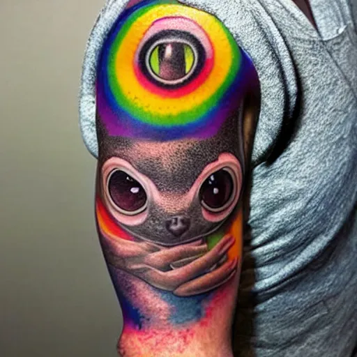 Image similar to shoulder tattoo of a multicolored hallucinating cute bush baby, eyes are rainbow spirals, meditative, surrounded with colorful magic mushrooms and rainbowcolored marihuana leaves, insanely integrate