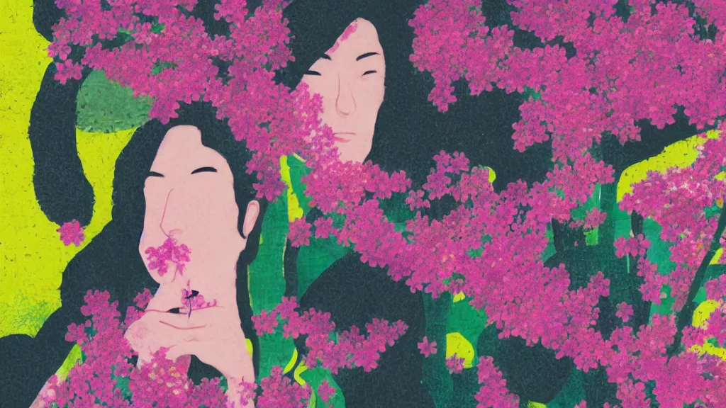 Image similar to close - up of a woman in a small group of people, a flower viewing picnic sakura, japan, a collage painting, in the style of wes anderson, lola dupre, david hockney, isolated on negative white space background dark monochrome neon fluorescent spraypaint accents volumetric octane render