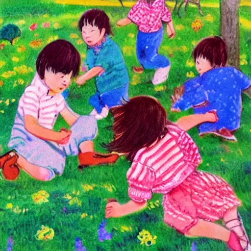 Prompt: A beautiful print of children playing on the grass with excellent color by Taizi Harada.