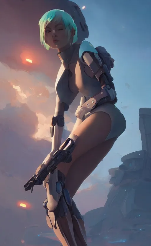 Image similar to sci fi female character, muted colored bodysuit, sci-fi large mech boots that go up to the thigh, thick mechanical leg accessory, soft lighting, wojtek fus, by Makoto Shinkai and Ilya Kuvshinov,