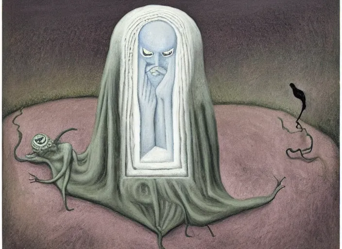 Prompt: imprisoned ancient eldritch female goddess by gertrude abercrombie and leonora carrington, pastel colors