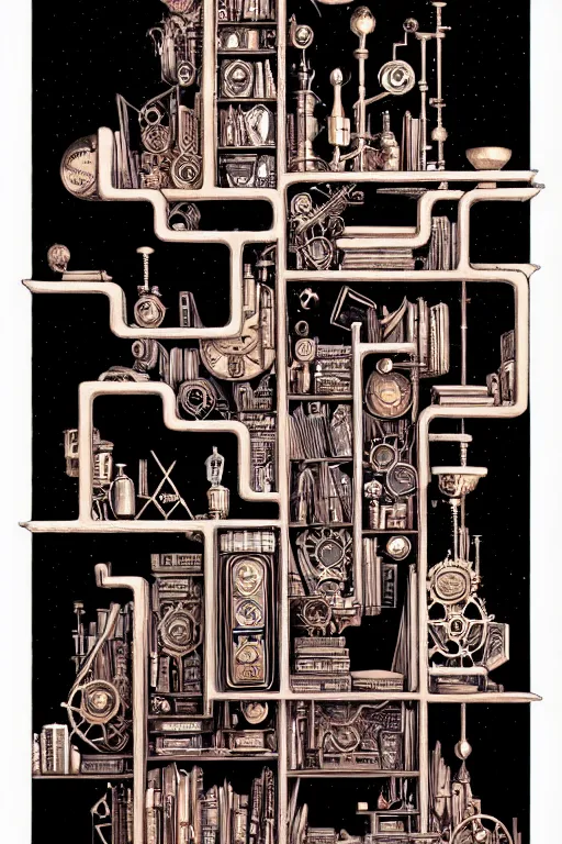 Image similar to a majestic steampunk alchemists bookshelf, two point perspective, furniture, high details, bold line art, by vincent di fate and joe fenton, inking, etching, screen print, masterpiece, trending on artstation, sharp, high contrast, hyper - detailed,, hd, 4 k, 8 k