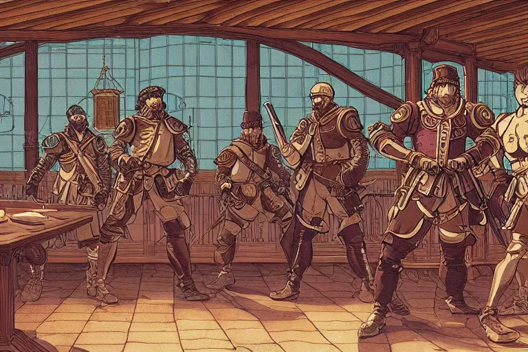 Image similar to cel - shaded establishing shot of a rag - tag team of mercenaries in an old tavern in a late renaissance city, key visual with intricate linework, in the style of moebius, ayami kojima, 9 0's anime, retro fantasy