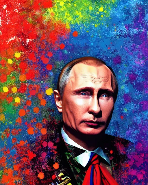 Image similar to a highly detailed portrait of Vladimir Putin as a colorful clown, gay pride flag background, intricate, digital painting, old english, particles floating, whimsical background by marc simonetti, John Singer Sargent style