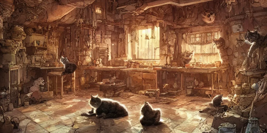 Image similar to cats living in a cat house interior overview mapa design, Moebius, Greg Rutkowski, Zabrocki, Karlkka, Jayison Devadas, Phuoc Quan, trending on Artstation, 8K, ultra wide angle, pincushion lens effect.