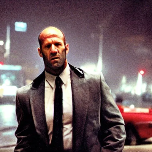 Image similar to film still of jason statham as cop in diehard movie, cinematic screen, middle shot