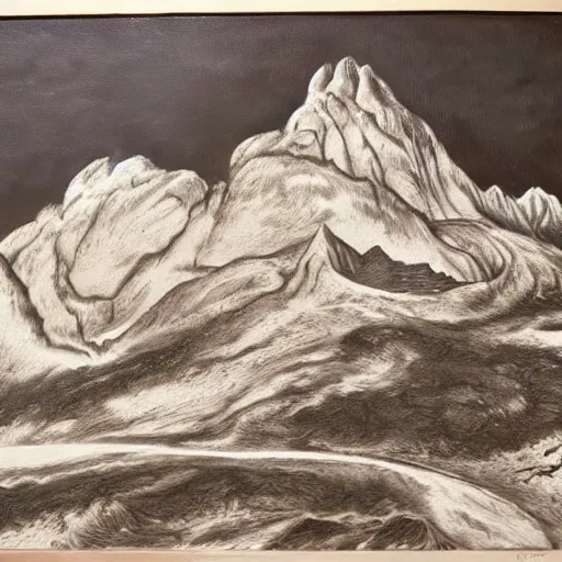 Prompt: oil painting of Fire Mountain by Szukalski