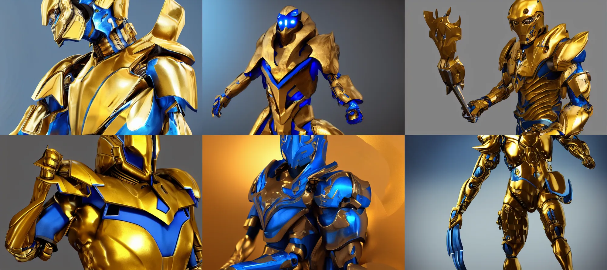 Prompt: sleek golden cyborg warrior with blue energy in between armor, high quality 3D render, concept art, 4K, UHD, High quality, Trending on Artstation HQ