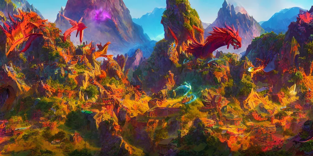 Prompt: Colorful and vibrant fantasy world with mountains and dragons, Pixar, by Sandro Boticceli and Craig Mullins