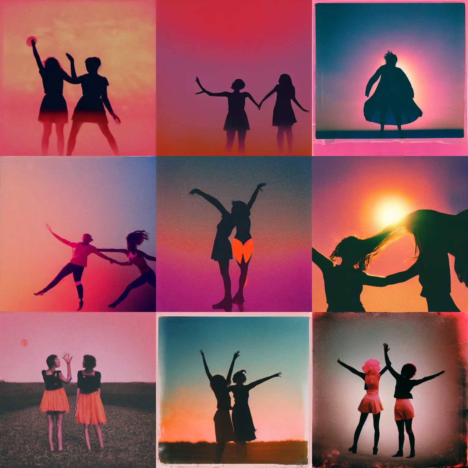 Prompt: pink and orange expired film photograph of two women reaching towards the sun, silhouette, grainy film photograph, album artwork, aesthetic
