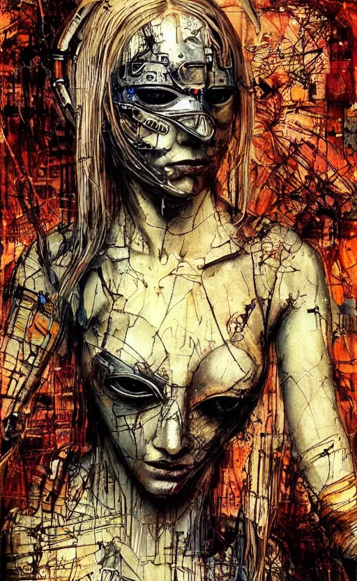 Image similar to woman made of mech mask rendered in unreal engine, cyberpunk, rave, scifi, painted by albrecht durer | bernard buffet | carne griffiths | wlop