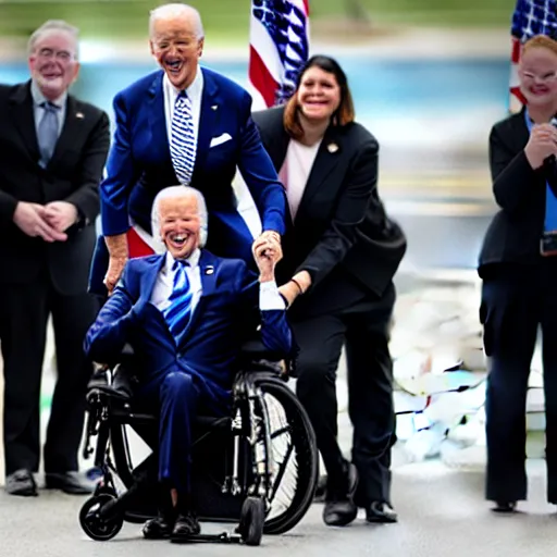 Prompt: joe biden falling off his wheelchair, award winning photo